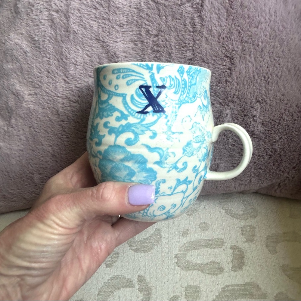 Anthropologie monogram “x” mug from heirloom collection, aqua/cream